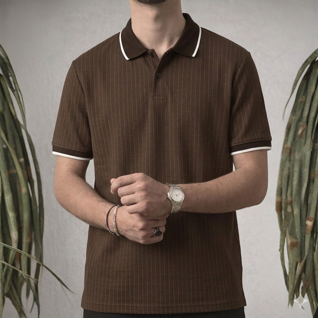 Seal Brown Pinstripe Silk Polo